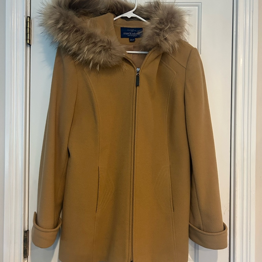 Mackintosh Camel Wool winter Coat w/ Hooded raccoon fur - full zip - size 10